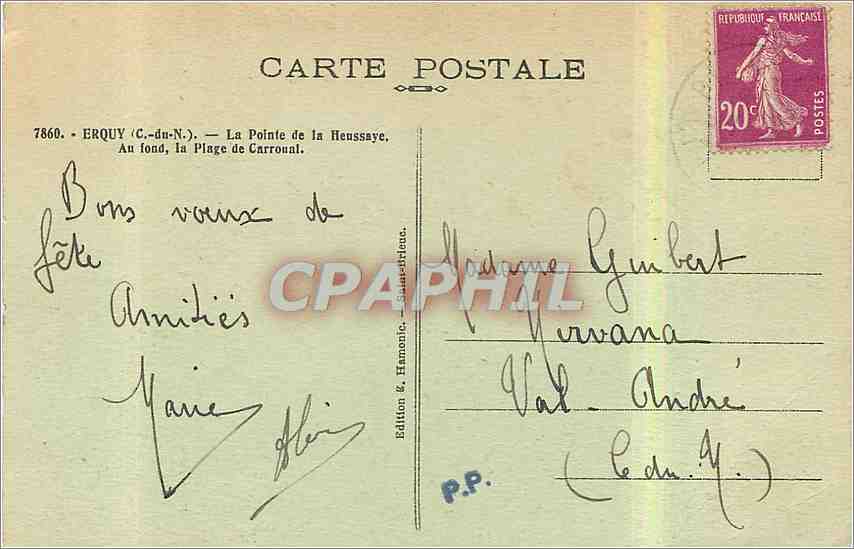 CPA Erquy C du  N La Pointe de la Heussaye Au fond la Plage de Carroual  — Rückseite