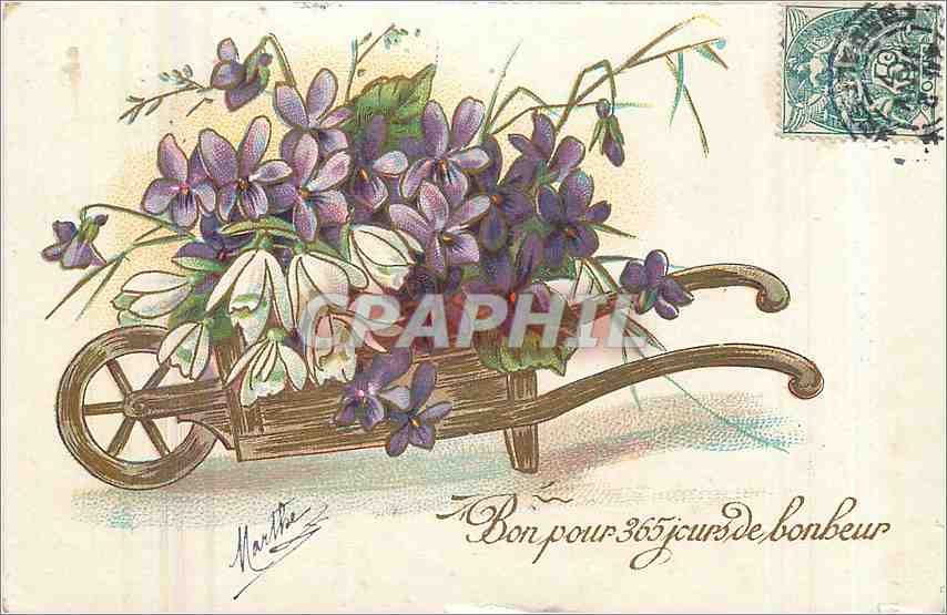 CPA Bon pour jours de bonheur Fleurs Brouette