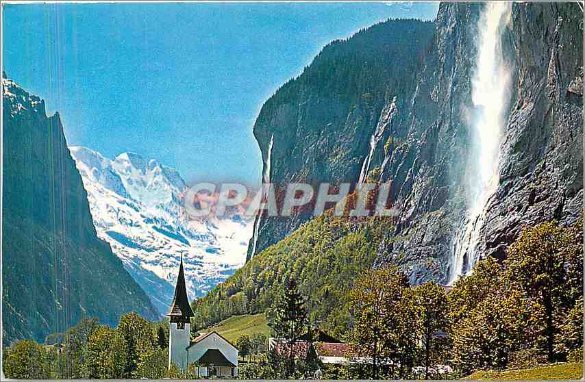 CPM Lauterbrunnen Staubbachfall mit Kirche und Grosshorn 