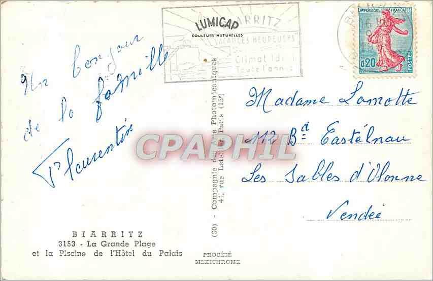 CPM Biarritz La Grande Plage et la Piscine de l'Hotel du Palais  — Verso