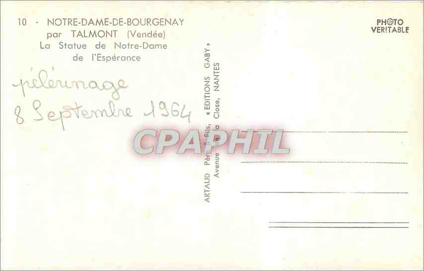 Notre-Dame de l'Espérance — Statue de pèlerinage à Bourgenay — Éditions Gaby, Nantes — Verso