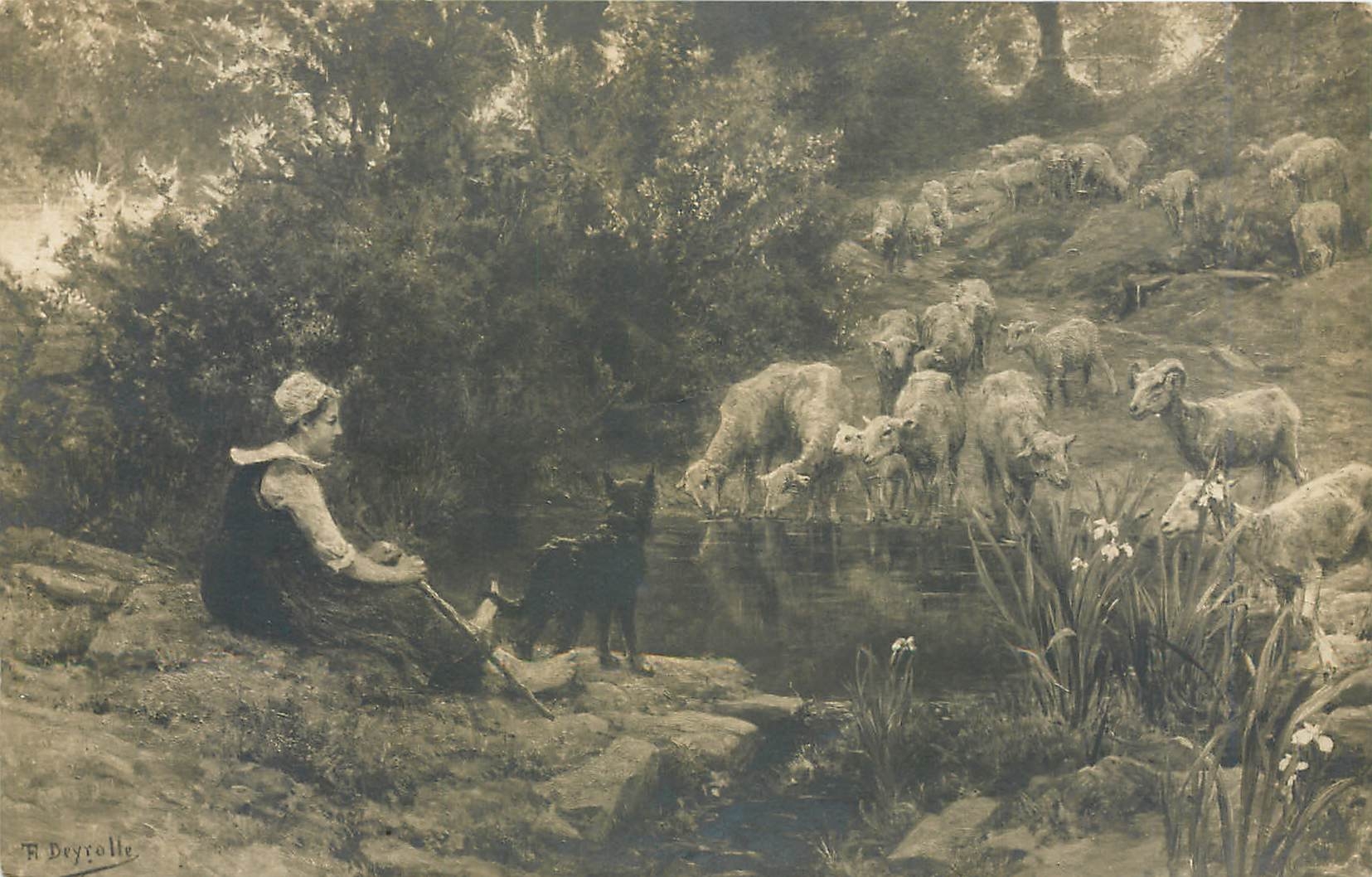 CPA Salons de Paris Theophile Deyrolle Troupeau de moutons a la mare Chien Moutons