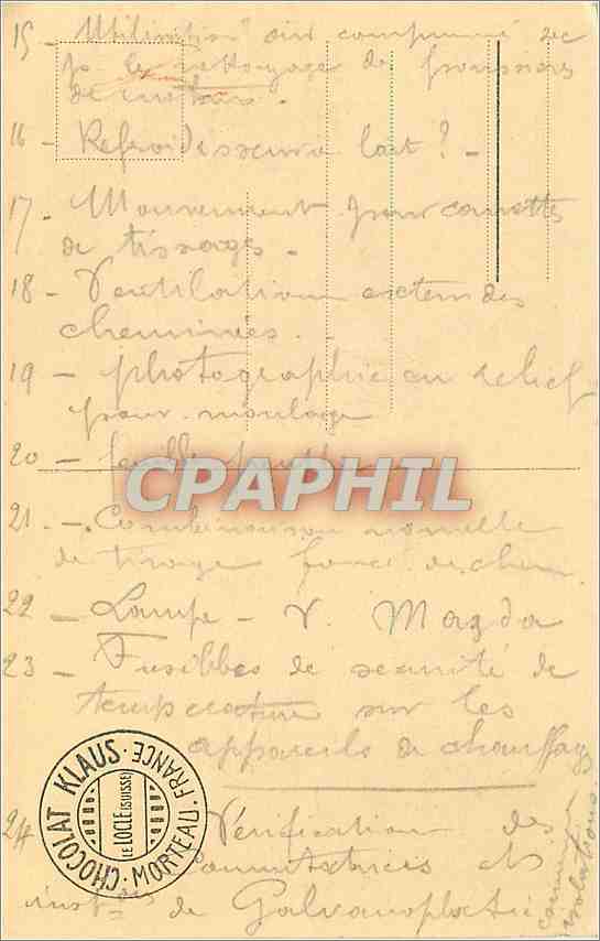 CPA Chocolat Klaus Le Locle Suisse Morteau Suisse Maison — Rückseite