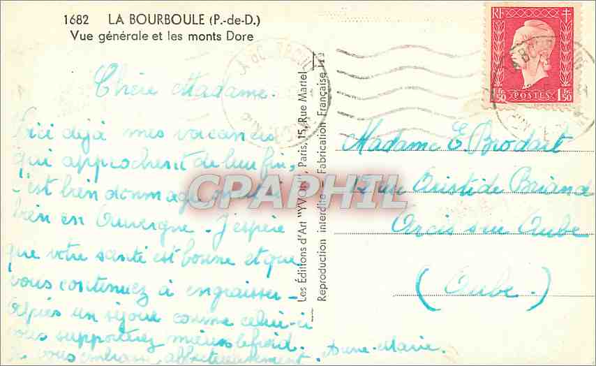 CPM La Bourboule P de D Vue generale et les Monts Dore  — Rückseite