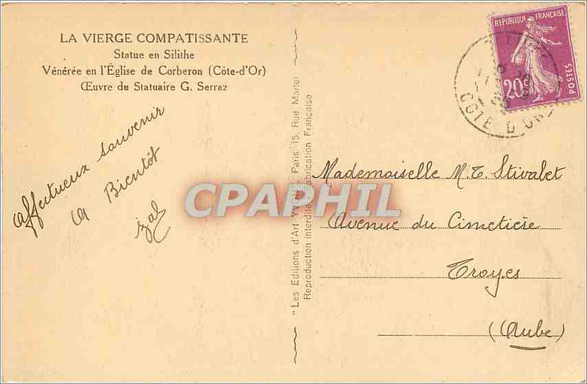 CPA La Vierge Compatissante Statue en Silithe Veneree en l'Eglise de Corberon Cote d'Or  — Rückseite
