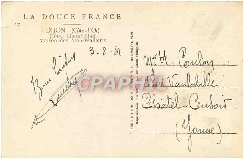CPA Dijon Cote d'Or Hotel Chambellan Maison de Ambassadeurs  — Verso