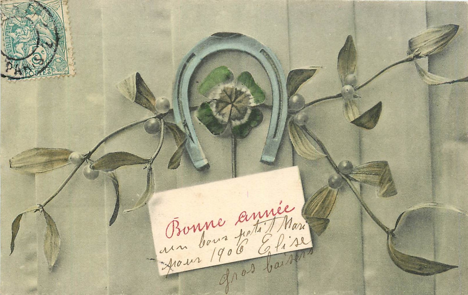 CPA Bonne Annee Fleurs Fer a cheval