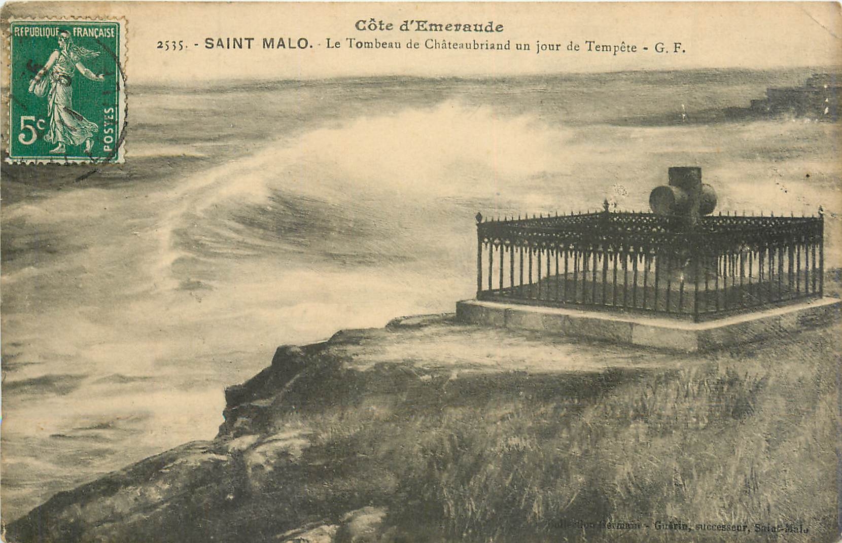 Côte d'Émeraude — Le Tombeau de Châteaubriand un jour de Tempête — G.F. — Édition Gravin, successeur, Saint-Malo