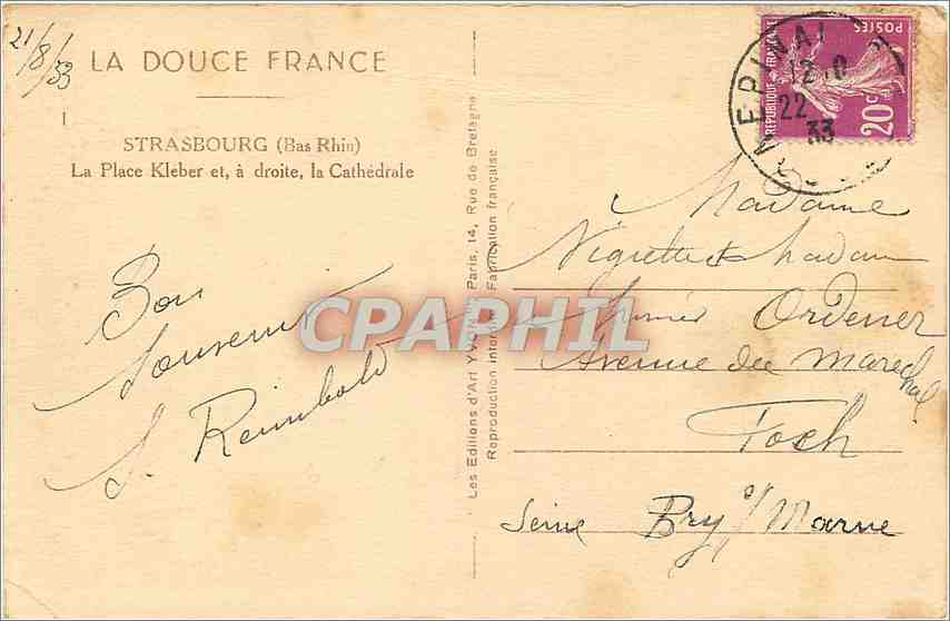 CPA Strasbourg Bas Rhin La Place Kleber et a droite la Cathedrale  — Verso