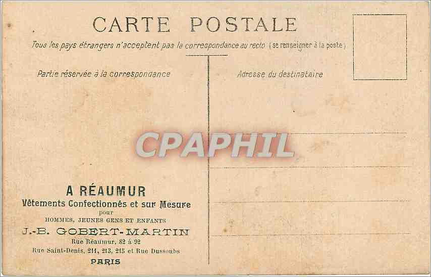 CPA Tours La Cathedrale Publicite Reaumur Vetements Gobert-Martin Parie Rue St-Denis Rue Dussoubs — Rückseite