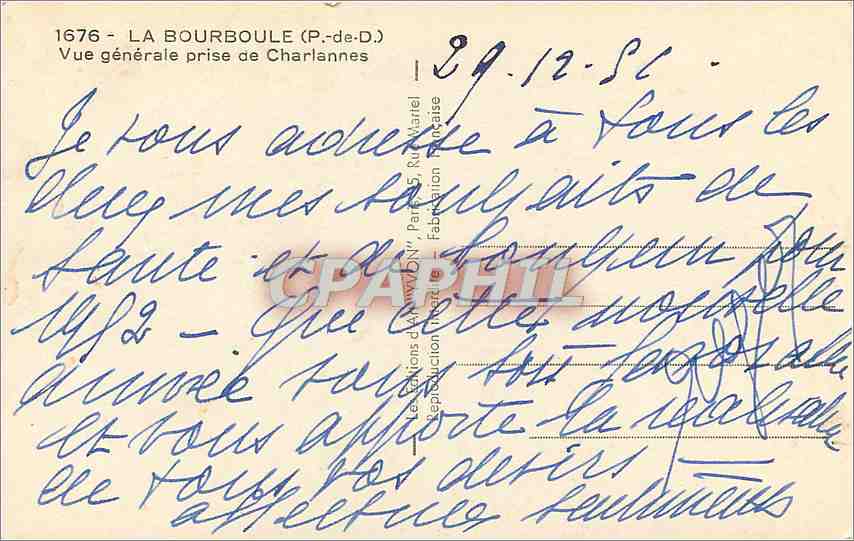 CPA La Bourboule P de D Vue generale prise de Charlannes  — Rückseite