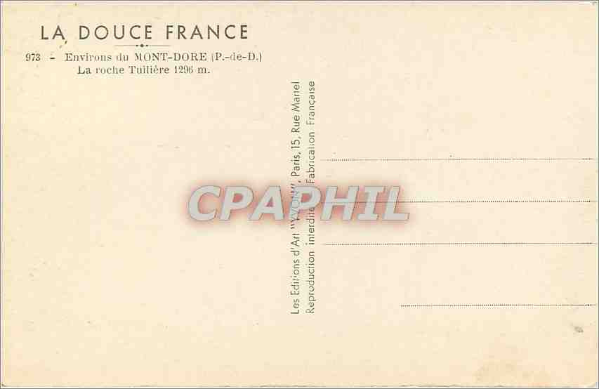 CPA Environs du Mont Dore P de D La roche Tuillerie  — Rückseite