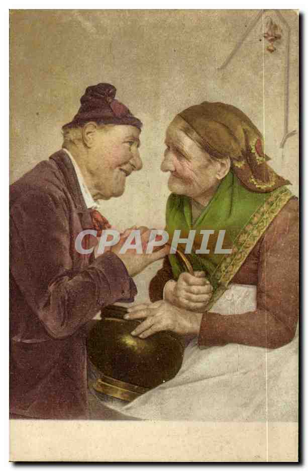 Un vieil homme et une vieille femme échangeant un pot — scène de vie — Édition Torrini, Florence