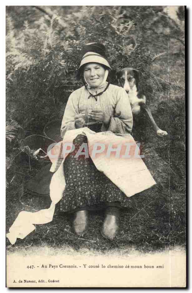 Au Pays Creusois — Femme cousant avec chien — A. da Nussac, édit. Guéret, n°447