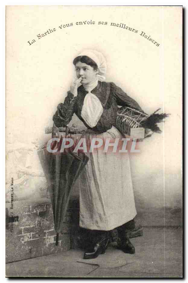 CPA Costume Folklore La Sarthe vous envoie ses meilleurs baisers
