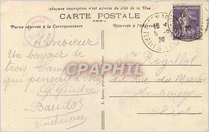 CPA Belfort Territoire Le Lion  — Verso