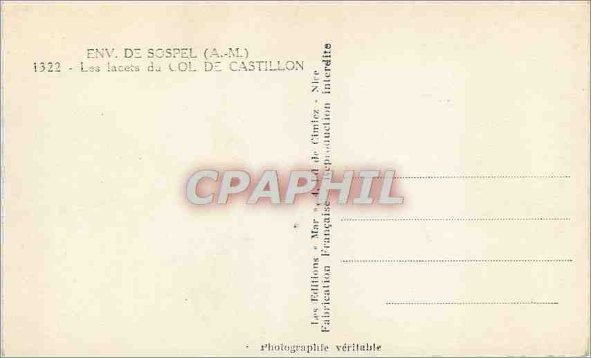 CPA Env. de Sospel les Lacets du Col de Castillon — Rückseite