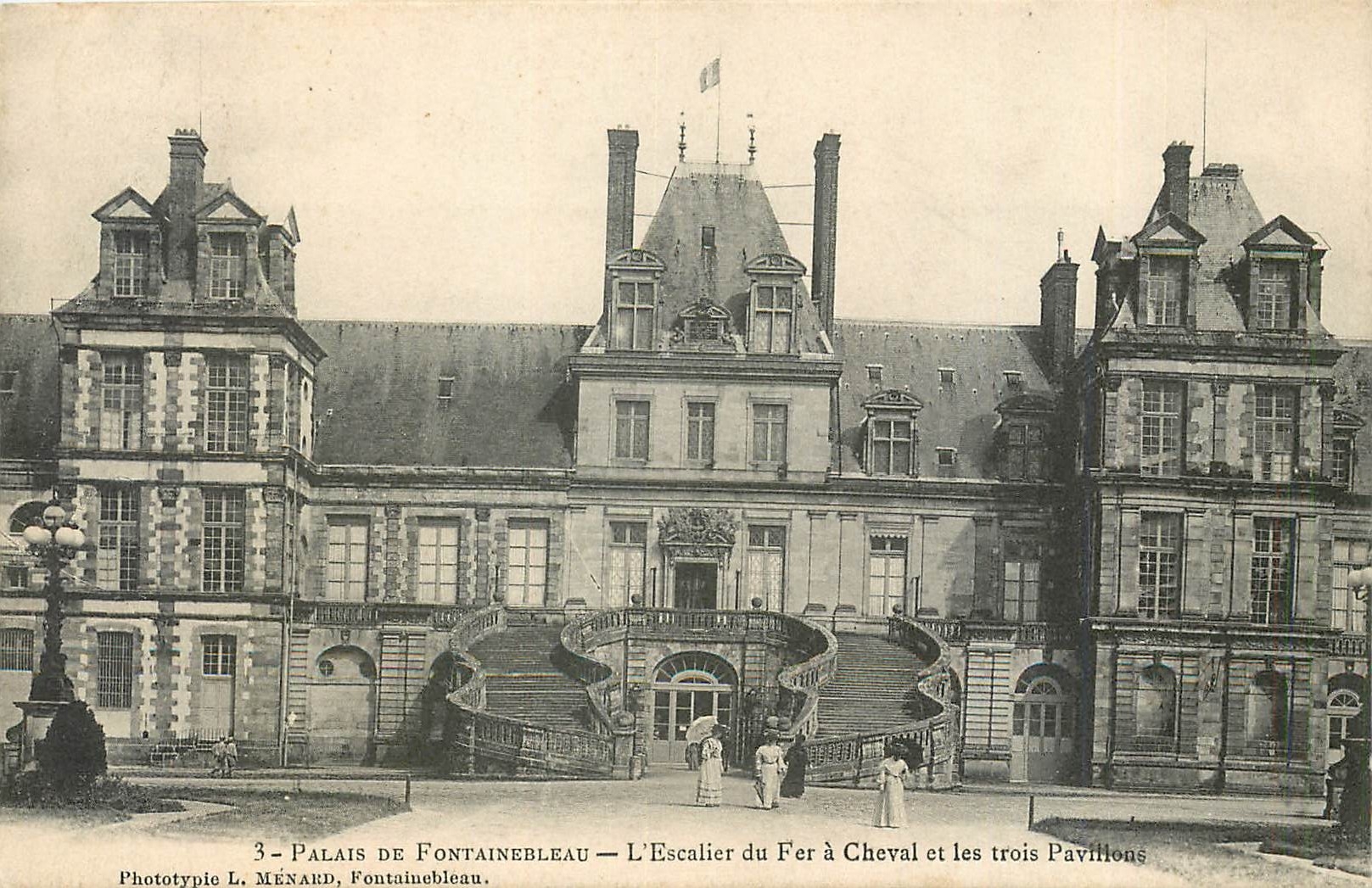Palace of Fontainebleau — The Iron Horse Staircase and the Three Pavilions — Phototype L. MÉNARD, Fontainebleau
