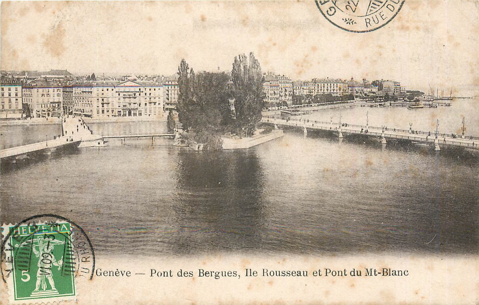 CPA Geneve pont des Bergues Ile Rousseau et pont du Mont Blanc