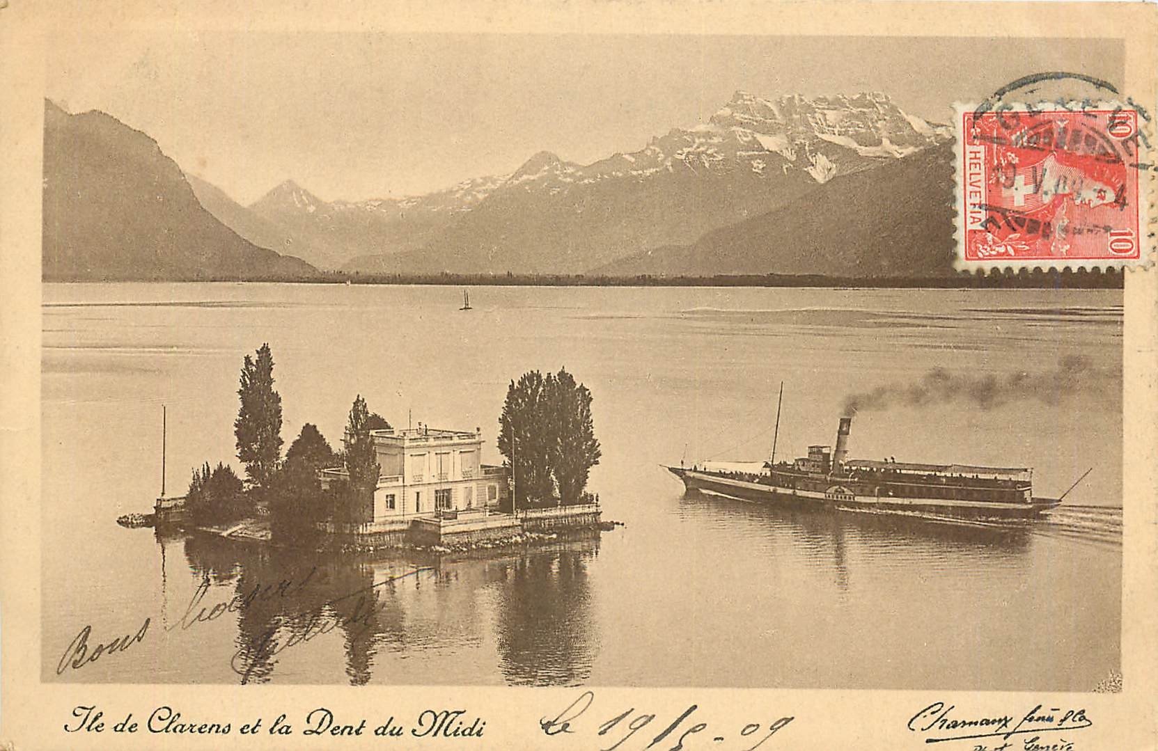 CPA Ile de Clarens et la Dent du Midi Bateau