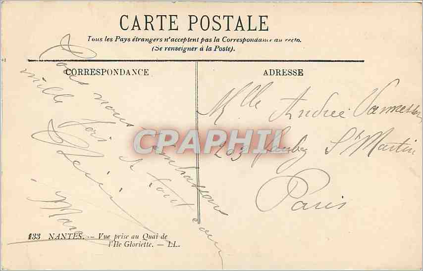 CPA Nantes vue prise au quai de l'ile Gloriette Bateau — Verso