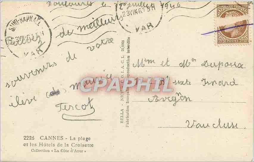 CPA Cannes la plage et les hotels de la Croisette — Verso