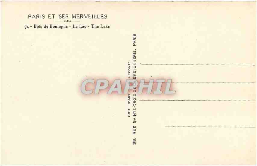 CPA Paris et ses merveilles Bois de Boulogne le lac — Rückseite
