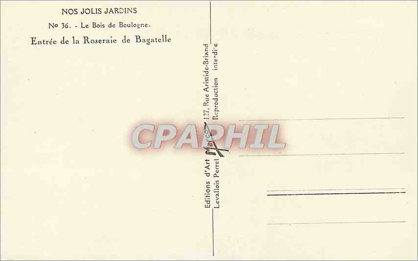 CPM Nos jolis jardin le Bois de Boulogne entree de la Roseraie de Bagatelle — Rückseite
