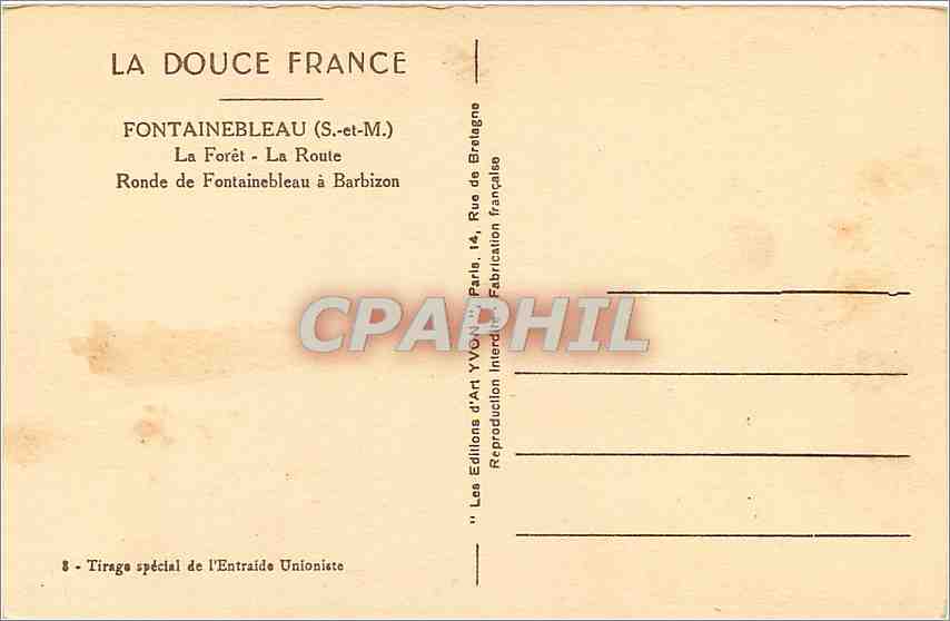 La Forêt - La Route - Fontainebleau (S.-et-M.) — Éditions d'Art Yvon, n°8 — Reverso