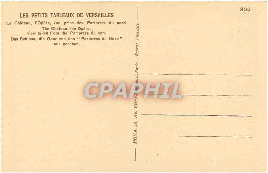 CPA Versailles Le Chateau l'Opera vue prise des Parterres du nord  — Rückseite