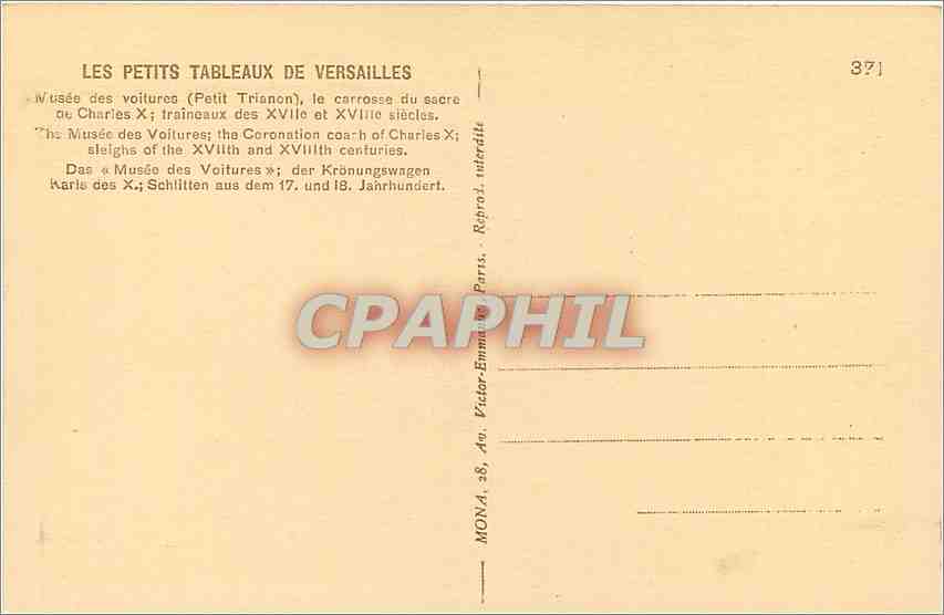 CPA Versailles Musee des voitures Petit Trianon le carrosse du sacre de Charles X  — Verso