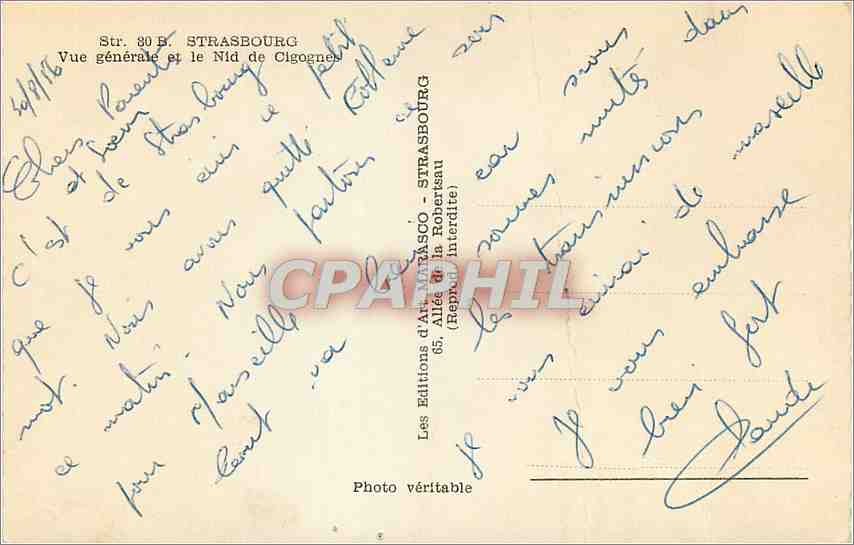 CPM Strasbourg Vue generale et le Nid de Cigognes  — Verso