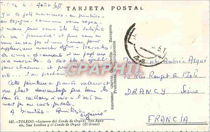 CPA Toledo Entierro del Conde de Orgaz San Agustin San Esteban y el Conde de Orgaz El Greco  — Back