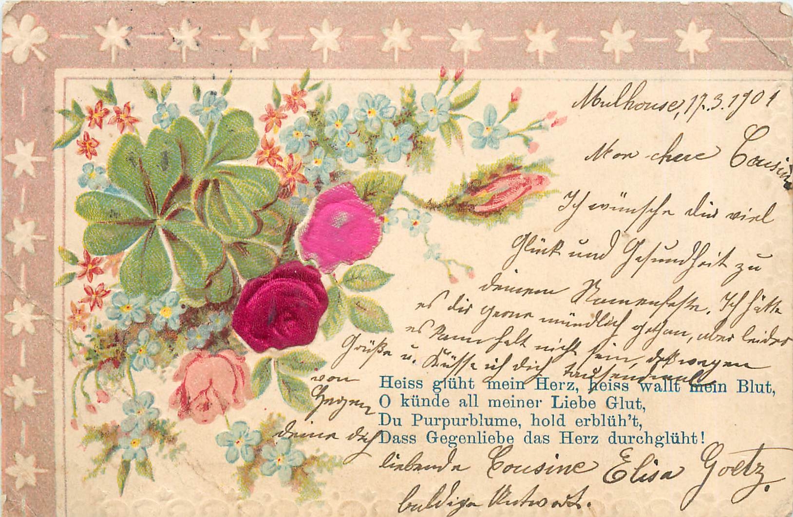 CPA Heiss gluht mein Herz Fleurs
