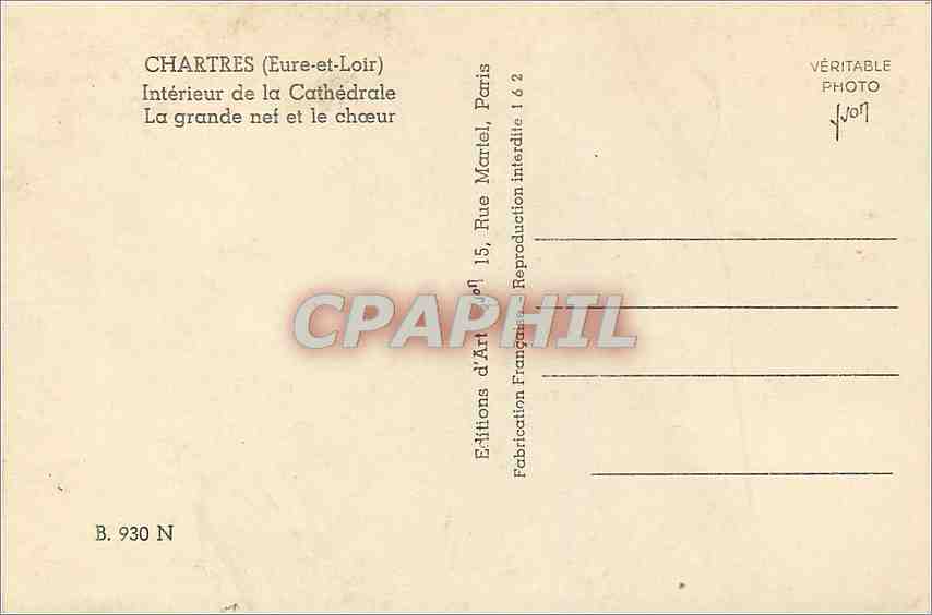 CPA Chartres Eure et Loir Interieur de la Cathedrale La Grande nef et le choeur  — Rückseite