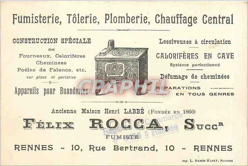 Carte de Visite Fumisterie Tolerie Plomberie Chauffage Central Rennes Rue Bertrand