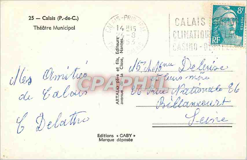 CPA Calais P de C Theatre Municipal  — Rückseite