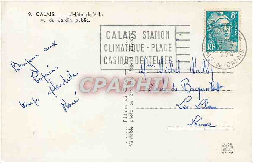 CPM Calais L'Hotel de Ville vu du Jardin public  — Rückseite