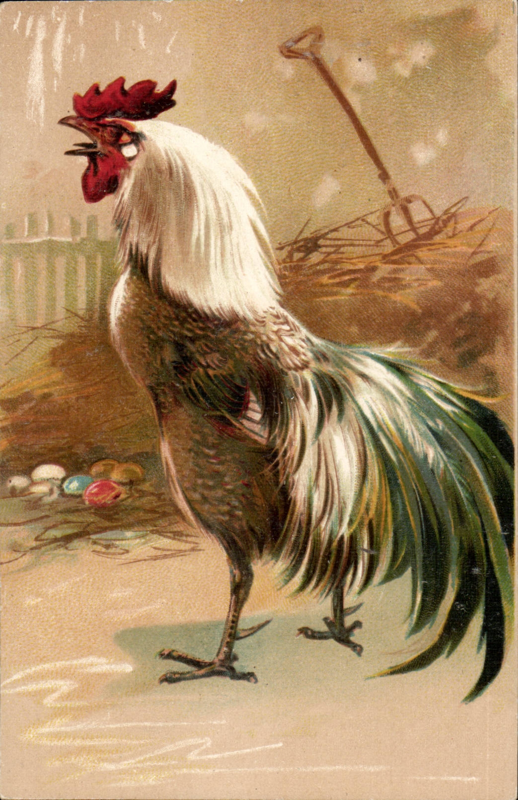 Coq — scène de ferme avec œufs colorés — éditeur non visible