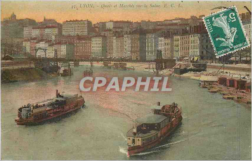 CPA LYON-Quai et Marches sur la Saone.E.C Bateaux