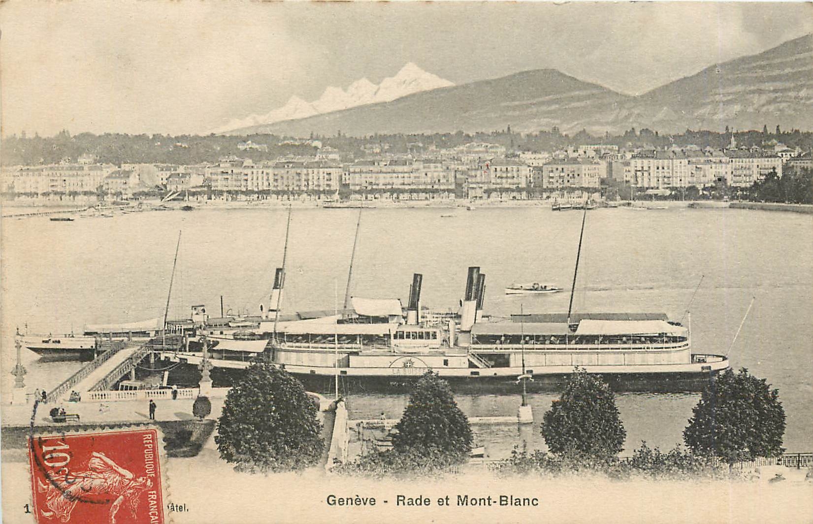CPA Geneve-Rade et Mont Blanc Bateau