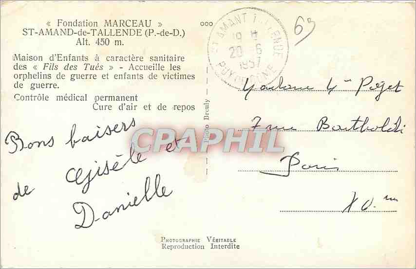 CPM Fondation MARCEAU ST- AMAND-DE TALLENDE (P DE D) Alt 450m — Rückseite