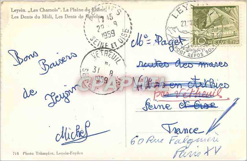 Les Chamois — La Plaine du Rhône, Les Dents du Midi, Les Dents de Morcles — Photo Trümpler, Leysin-Feydev — Verso