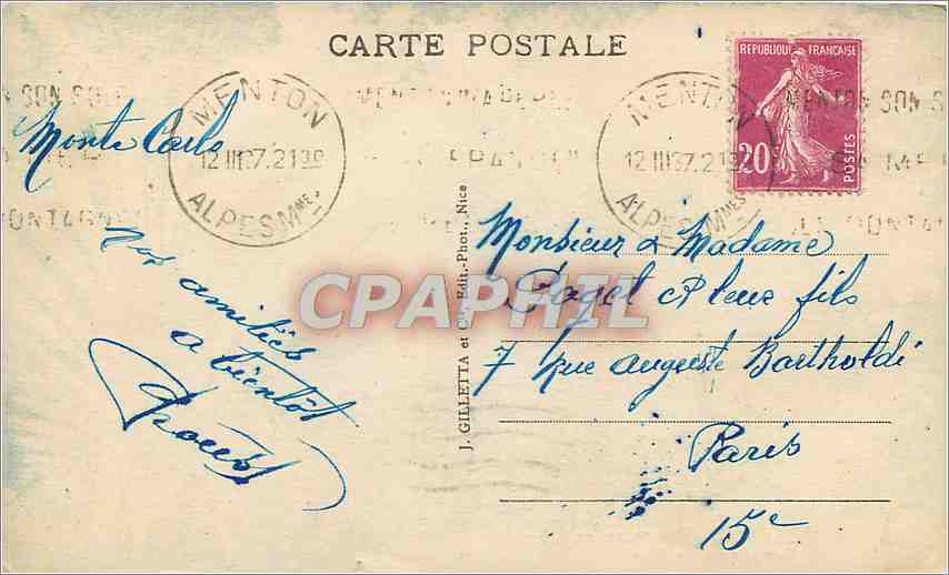 CPA MONTE CARL0- Vue entre les arbres — Rückseite