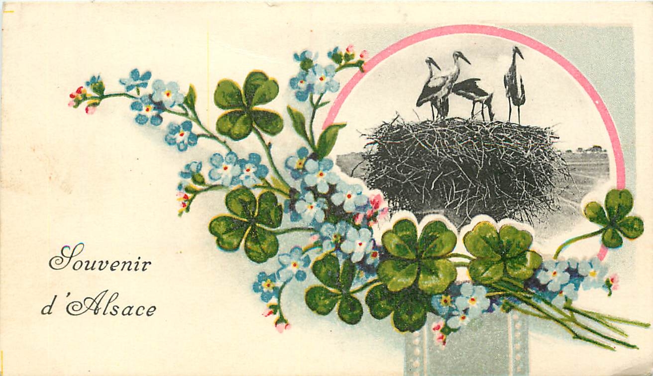 CPA VŒUX Fer a cheval Fleurs Cigognes Alsace