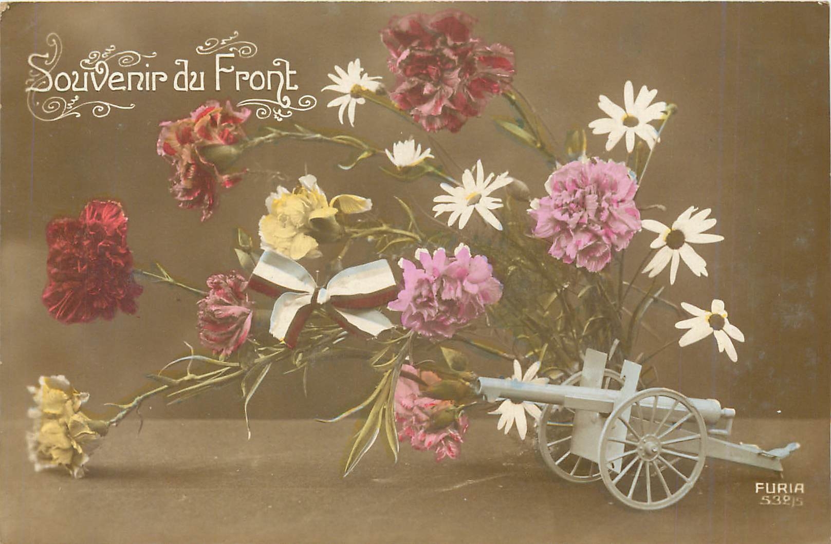 CPA VŒUX Fleurs Canon Militaria