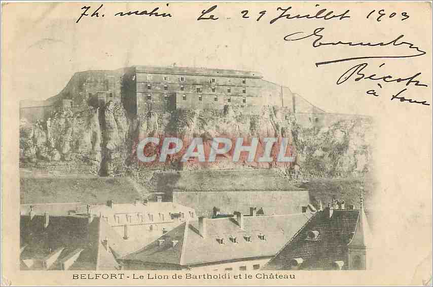 CPA Belfort-Le lion de Bartholdi et le Chateau