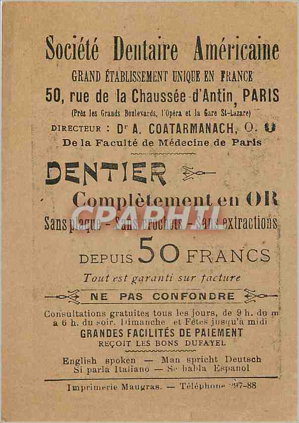 Chromo Societe dentaire americaine Rue de la Chausse d'Antin Paris Dentier Dentiste Lise Fleuron The — Rückseite