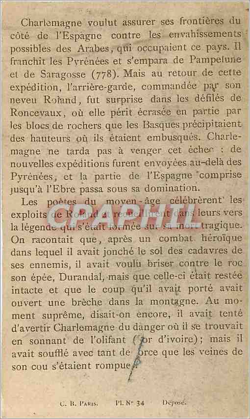 Chromo Guerre d'Espagne Roland est surpris et defait a Roncevaux — Rückseite