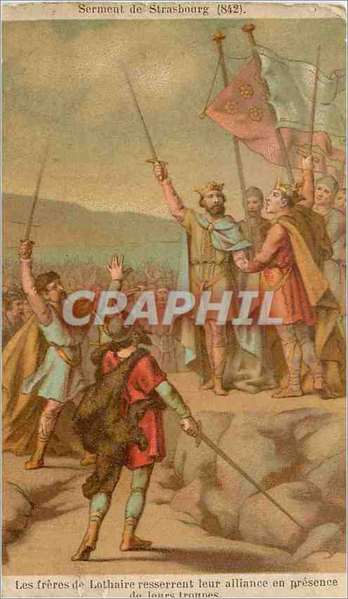 Chromo Les freres de lothaire resserent leur alliance en presence de leurs troupes Serment de Strasb